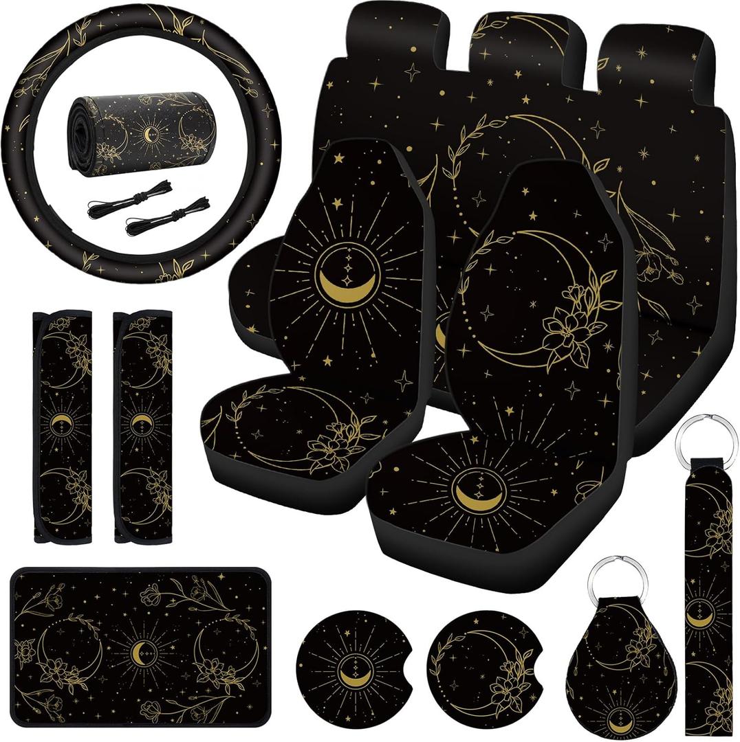 Frienda 15 Pieces Moon and Stars Car Seat Cover Full Set for Women Men Upgrade Thick Car Front Seat Covers Universal Steering Wheel Cover Separate Headrest Cover Seat Belt Pads (Flower Pattern)