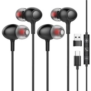 2 Packs Wired Earphones USB Type C Headphones for iPhone 16/15 Pro Max Laptop PC with Microphone, Noise Isolation Headset Compatible for Google Pixel 7 6a iPad Pro Samsung MacBook