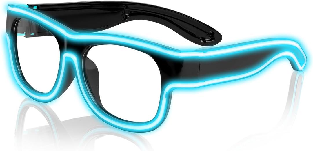 Ainiv Wireless Light Up Glasses 3 Modes LED Luminous Glasses Glow in the Dark for Parties, DJ, EDM, Halloween, Christmas (Free Size, Wireless - Ice Blue)