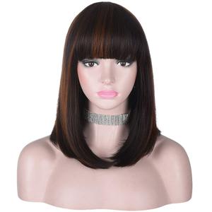 15 Inch Short Straight Brown Highlights Bob Wig with Bangs | Natural Heat Resistant Synthetic Hair for Women Daily Wear