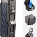 4 Jet Flame Torch Cigar Lighter - Refillable Butane, Windproof With Punch & Holder - Gift for Men Women (Blue Black, Without Gas)