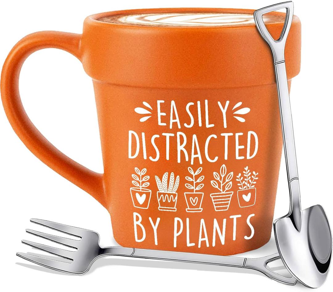 14oz Large Plant Mug With Shovel Spoon & Fork Easily Distracted By Plants Flower Pot Coffee Mug Gardening Mug - Handmade Plant Lover Gifts Idea for Women Grandma Mom Mothers Day Christmas