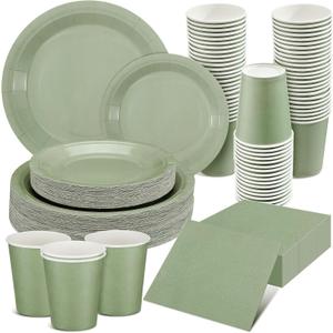 Dandat Sage Green Dinnerware Set - 200 Pcs, Includes 7'' & 9'' Paper Plates, Paper Cups, Napkins for Birthday, Baby Shower, Wedding Party