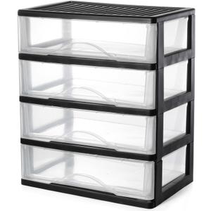 BYCY Medium 4 Drawer Clear Stacking Desktop Organizer for Office Supplies,Stackable Storage Drawers Plastic Storage Bins For Kitchen Cabinets, Pantry, Home Organization (Black, Medium 4Drawer)