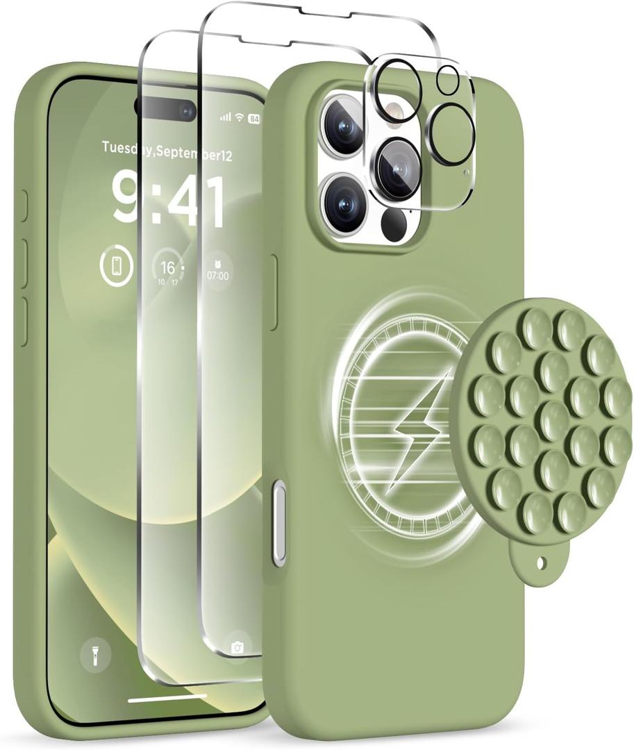 Magnetic for iPhone 16 Pro Case, Compatible with Magsafe, Suction Cup Phone Mount, 2 Screen Protectors - Camera Protector, Silicone Shockproof Protective Phone Cover 6.3", Tea Green