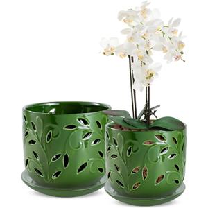 EFISPSS Orchid Pot with Holes, 5+6Inch Ceramic Plant Pots with Drainage Holes and Tray, Promoting Air Circulation and Drainage, Indoor/Outdoor Flower Pots-Green