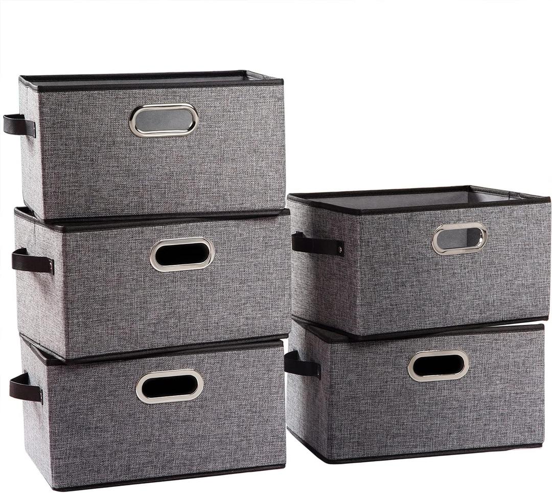 PRANDOM Fodable Storage Baskets for Closet [5-Pack] Decorative Fabric Storage Bins Cubes with Leather/Metal Handles for Shelves Bedroom Living Room Grey (11.5x8.5x6.7 Inch) (Grey&black Trim)