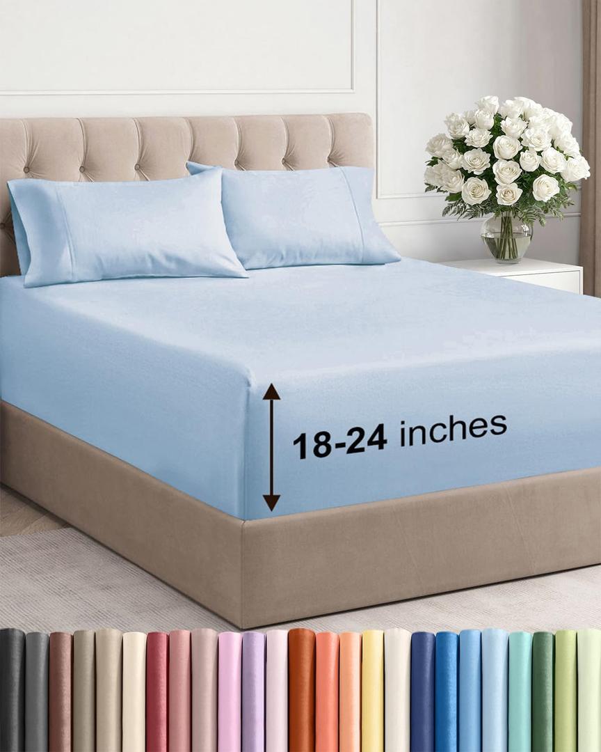 Extra Deep Twin Sheet Set - 4 Piece Breathable and Cooling Sheets - Hotel Luxury Bedding for Women, Men, Kids & Teens - Easy & Secure Fit - Soft, Wrinkle Free and Comfy - Extra Deep Pockets - Sky Blue