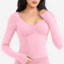 YEOREO CoreFlex Long Sleeve Workout Tops for Women Padded Deep V Neck Double Lined Impact Tops Slim Fit Gym Athletic Shirts (Pink, XS)