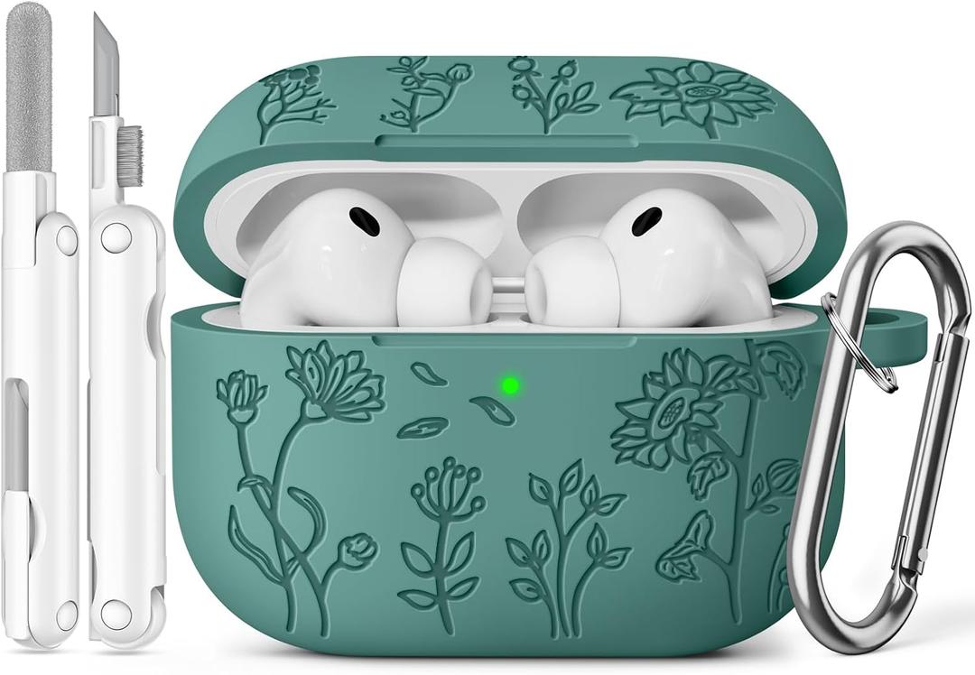 6 x for AirPods Pro 3 Case (2025) with Cleaner Kit,Cute Flower Engraved Soft Silicone Protective Case Cover Compatible with Apple AirPods Pro 3rd Generation for Women Men with Keychain,Pine Green