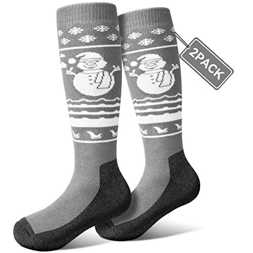 Pecube Merino Wool Kids Ski Socks 2 Pair Thermal Thick OTC Snow Socks for Boys Girls Toddler Skiing Snowboard Winter Sports, XS