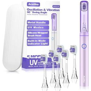 Metal Electric Toothbrush with UV Mode, Vibration and Oscillation Electric Toothbrush for Adults, 6 Brush Heads & Travel Case & Dust Cover, 5 Modes & Built in Timer, One Charge Last 120 Day（Rose）