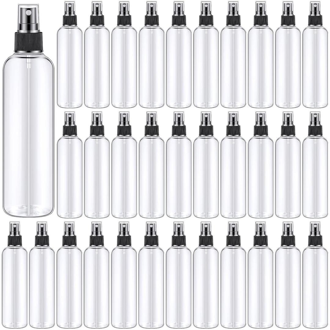Eccliy 32 Pcs 8 oz Spray Bottles Fine Mist Cleaning Bottles Clear Empty Plastic Travel Sprayer Refillable Sprayer with Cap for Cleaning Solutions Oils Travel Perfumes, (Black,Clear)