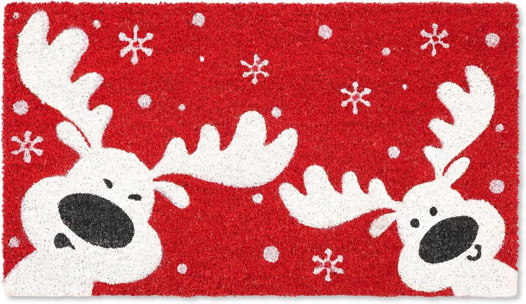 Christmas Welcome Coir Door Mat, 17"x30" Outdoor Front Door Mat, Coconut Fiber Doormat with Slip-Resistant Backing, Holiday Entry Mat with Reindeer Snowflake Design