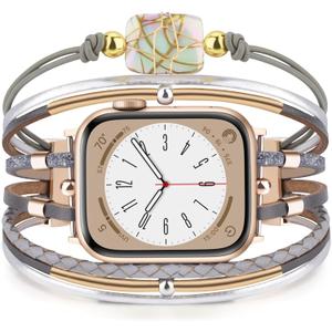CAGOS Compatible with Apple Watch Bands 38mm 40mm 41mm for Women, Dressy iWatch Bracelet with Boho Multi-Layer Leather Straps and Jewelry Charms for iPhone Watch Series 9/8/7/6/5/4/3/2/1/SE, Silver