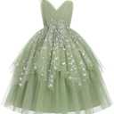 IDOPIP Flower Girl Sequin Butterfly Dress for Kids Wedding Pageant Party Long Gown Princess Birthday Handkerchief Tulle Dress, 7/8Y