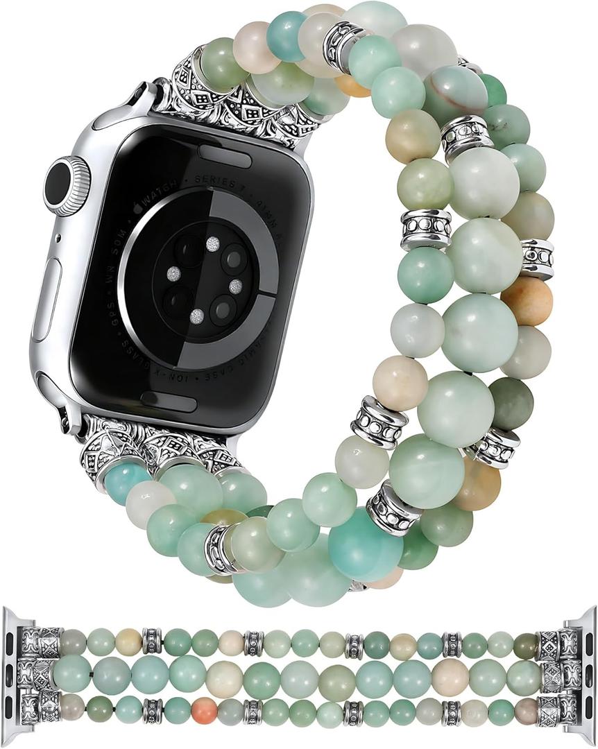 Moolia Stretch Natural Stone Strap Compatible with Apple Watch Bands 40/42/41/38mm Women, Jasper Handmade Bracelet Boho Beaded Band for iWatch Series 11 10 9 8 7 6 5 4 3 SE/Ultra 3 2 1 (Blue Ocean)