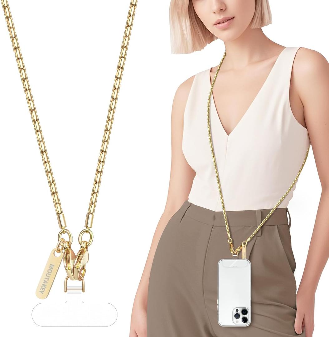 Metal Cell Phone chain Crossbody Phone lanyard with 2 Tether Tabs Detachable iPhone Chain Crossbody Strap,Non-rusting,Solid,iPhone Lanyard for Women Girls Travel Shopping Party Camping (Long, Bright Gold)