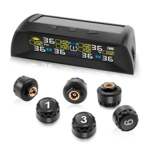 Trailer Tire Pressure Monitoring System, Solar-Powered Tire Pressure Monitor for RV, TPMS with 6 Sensors & 6 Alarm Modes, Auto On/Off, Real-Time Pressure & Temp Monitor for RV/Truck/Trailer(0-144 PSI)