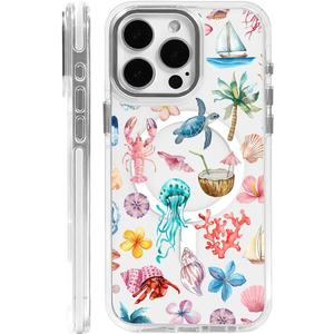 for iPhone 14 Plus/15 Plus Case [Compatible with Magsafe],Girls Women Clear Magnetic Case Silicone Shockproof Protective Cover with Pattern Sea Turtles Coconuts Jellyfish