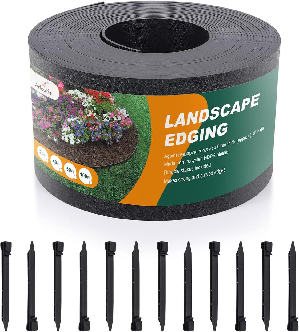 Black Plastic Garden Landscape Edging, 5 Tall Border Coil, Flexible and Strengthened with Anti-UV Treatment (100ft with 30pcs Stakes)