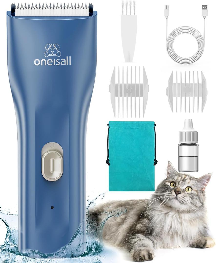 oneisall Pet Clipper for Cat Matted Hair, Pet Shaver for Cats Quiet Pet Clippers Waterproof Cordless Cat Clippers for Matted Hair Long Hair with Storage Bag (Blue) (Standard)