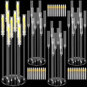 Tandefio 4 Pcs 10 Arm Acrylic Candelabra Table Centerpieces with 40 LED Candle 46.5'' Tall Wedding Floor Candlestick Clear Metal Candle Holder with Lampshade for Church Birthday Ceremony Party