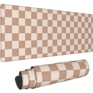 Checkered Large Gaming Mouse Pad for Girl with Anti-Slip Base, Checkerboard Extended XL Mousepad, Desk Mat with Stitched Edges for Desk, 31.5 x 11.8 in, Brown