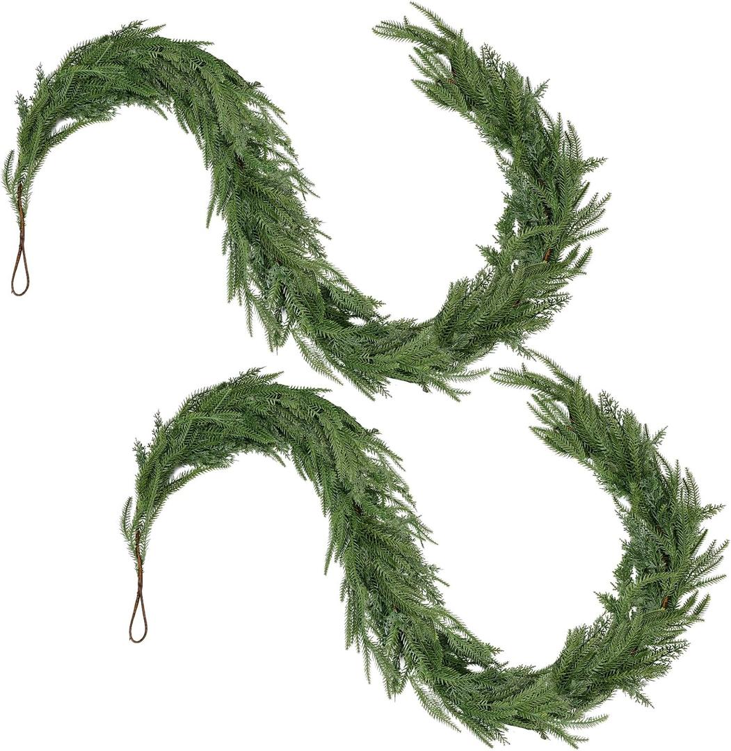 Katflyee 12ft(2x6ft) Mixed Norfolk Pine & Cedar Garland, Realistic Christmas Artificial Greenery Garlands for Fireplace, Mantle, Stair Railings, Outdoor Holiday Decor