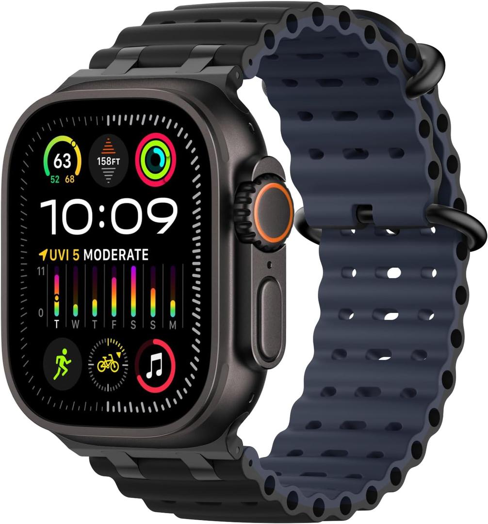 MoKo Ocean Band Compatible with Apple Watch Ultra 3/2/1 49mm, Upgraded Silicone Sports Bands 46mm 45mm 44mm for Men Women, Series 11/10/9/8/7/6/5 SE3/2/1 Breathable Strap with Metal Connector (Extended, Black/Black&Navy Blue)