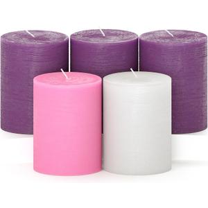 CANDWAX 3x4 Inch Advent Pillar Candles Set of 5 - Long Burning Dripless Unscented Pillar Candles - Rustic Style for Advent Wreaths, Christmas Dcor - 3 Purple, 1 Pink and 1 White Pillars