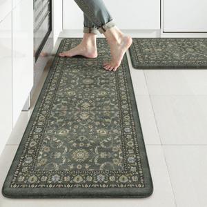 KIMODE Comfort Kitchen Mats for Floor Cushioned Anti Fatigue, Boho Vintage Kitchen Rugs Sets of 2 Non Slip, Memory Foam Kitchen Floor Mat Carpet for Laundry Office Home Decor, Dark Green (17.3" x 47"+ 17.3" x 29"--0.47 inches)