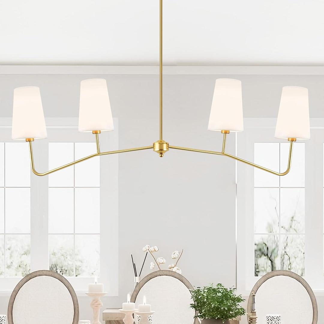47" Modern Linear Chandelier, 4-Light Gold Pendant Light with Fabric Shade | Adjustable Height Ceiling Light Fixture, Pendant Lights Kitchen Island, Large Chandeliers for Dining Room Bedroom Living Room