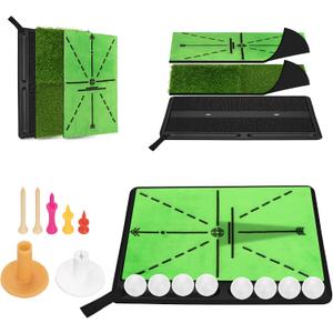 NEWCARE Golf Hitting Mat with Curved Ball Tray, 3-in-1 Golf Practice Mat, Fairway Rough Putting Surfaces, Non-Slip Rubber Base, Portable Golf Training Mat, Gift Idea