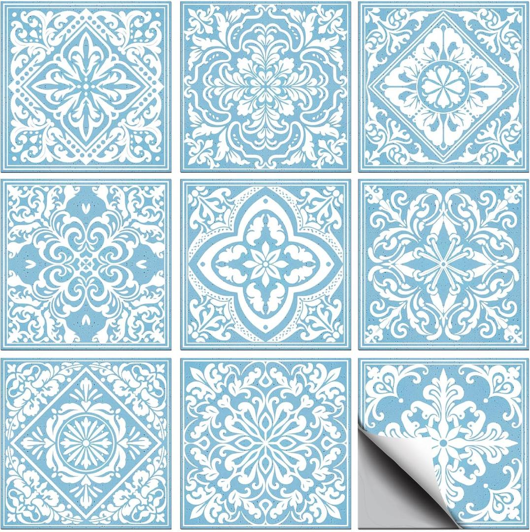 36 Pcs 9 Style Baroque Style Peel and Stick Wall Tile Sticker Geometric Patterns Wall Stickers Waterproof Self Adhesive Stick on Tile Decals for Kitchen Bathroom Art Decor, 44 Inch