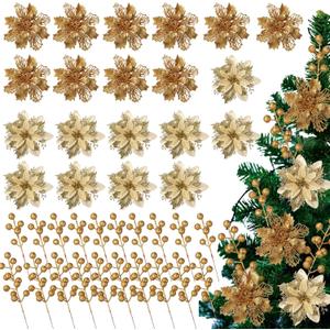 60 Pcs Gold 6 Styles Christmas Artificial Poinsettia Flowers with Glitter Berries Stems Tree Picks for Christmas Tree Ornaments DIY Xmas Wreath Crafts Holiday