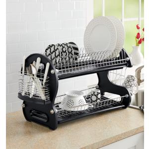 Montgomery Ward Retro 2-Tier Dish Rack, Space-Saving Design, Durable Plastic and Chrome-Plated Wire, Easy Assembly (Black)