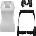 Kathfly 3 Pcs Halloween Thigh Holsters Costume for Women Leg Thigh Gun Holster Drop Adjustable Universal Pistol Holster Holder with Magazine Pouch Racerback Crop Tank Top Leather Gloves (Gray)