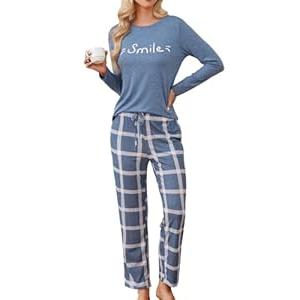 difficort Pajamas Set for Women Long Sleeve Crew Neck Comfy Pjs Lounge Sets with Pockets, Haze Blue, Large
