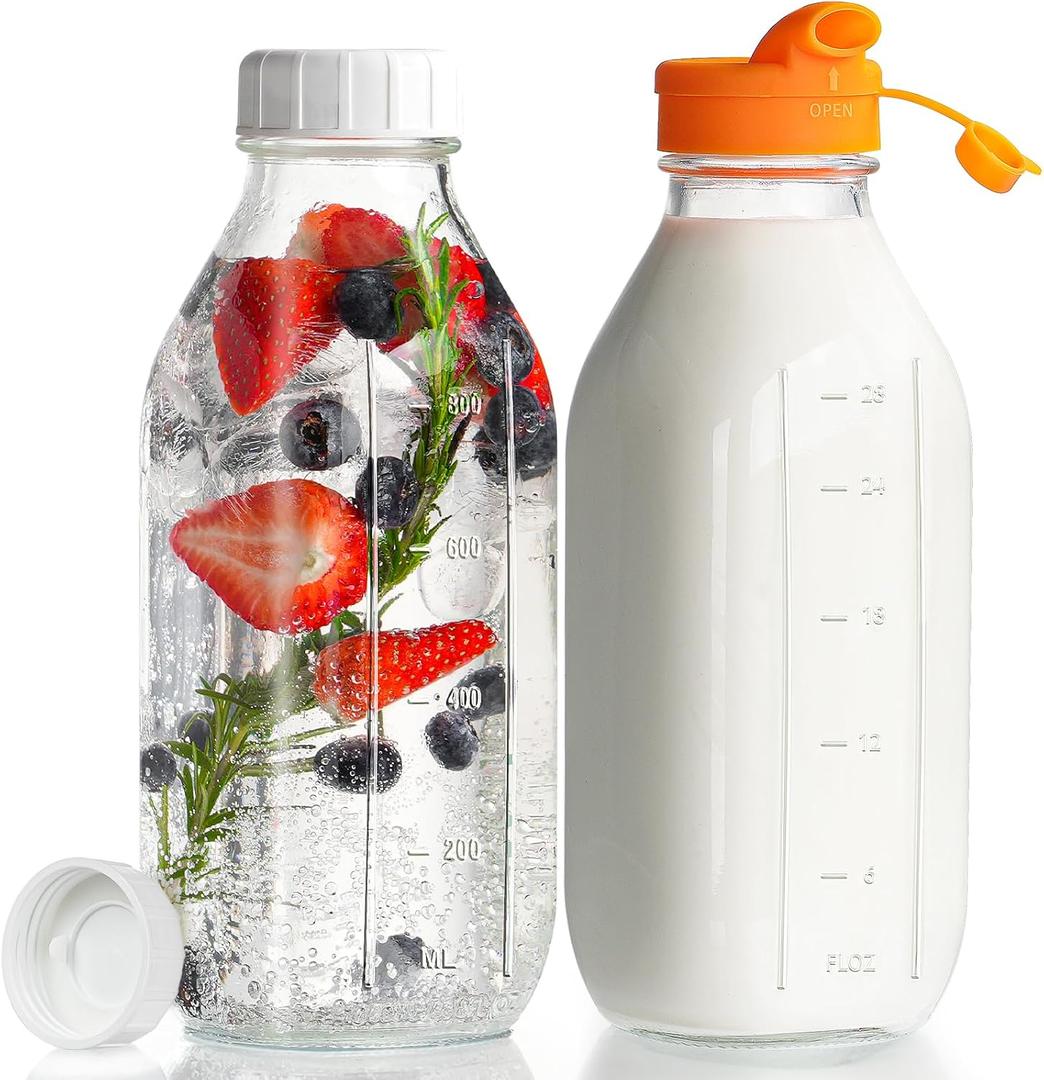 32 oz Reusable Glass Milk Bottles with Silicone Dispenser Cap, 2 Pack Glass Jars with Airtight Screw Lid, Leak Proof Juice Bottles with Scale Mark Breastmilk Storage Container for Fridge, 9.1 x 2.3 x 2.3