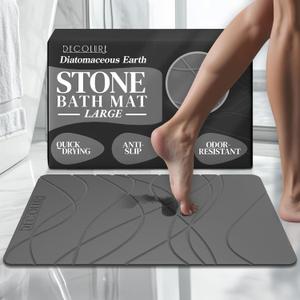 DECOLURE Stone Bath Mat Large, Quick Dry & Non-Slip Diatomaceous Earth Shower Mat for Bathroom, Luxurious & Easy to Clean Diatomite Stone Mat for Bathroom, Kitchen, High Density (Large, Grey) (26" x 17" (Rectangular))