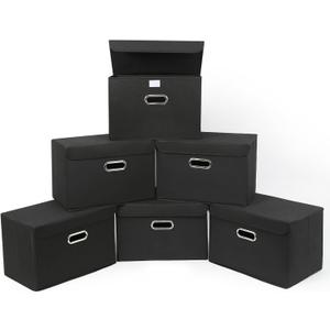 STOREONE Fabric Storage Cube Bins Foldable Organizer Container Collapsible Basket with Lids and Metal Handles, for Home, Bedroom, Closet 6 Pcs (Black)