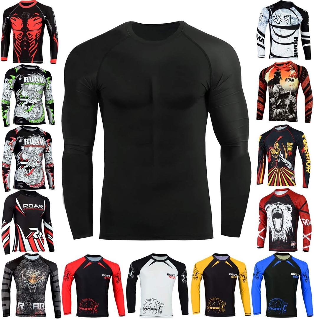 Roar BJJ Rash Guards MMA Grappling Jiu Jitsu Training No Gi Fight Wear Mens Compression Shirts (Black, M)