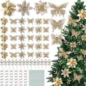 Thiccywoov 122 Pcs Christmas Glitter Poinsettia Artificial Flowers Berry Picks Butterfly Christmas Tree Ornaments 3 Styles Poinsettia kit with Clip for Xmas Wreath Home Tree Decor(Champagne)