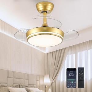 30" Retractable Ceiling Fans with Lights, Dimmable LED Ceiling Fan Remote Control, Modern Small Fan Light for Bedroom Living Room Dinning Room Kitchen, 3000K-6500K, 6 Speed (Golden)