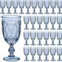 48 Pcs Plastic Goblets 7.5oz Vintage Goblet Plastic Wine Glasses Colored Retro Embossed Water Goblets for Wine Bar Juice Baby Shower Wedding Reception Grand Event Party (Blue)