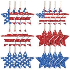 Vercraft 24 Pcs 4th of July Star Ornament for Tree 250th Anniversary Decor Wooden Independence Day Red White Blue Tree Decor Patriotic Hanging Ornaments for Memorial Day Party Home Office Decoration
