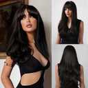 Honygebia Black Wig with Bangs - Natural Black Wigs for Women, Long Straight Wavy Synthetic Hair, Layered Realistic Heat Resistant Wig, Best for Halloween/Christmas/Cosplay/Party