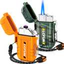 LcFun 2 Pack Waterproof Outdoor Lighter, Windproof Torch Lighters Butane Refillable, Electric Dual Arc Plasma Lighter USB Rechargeable, Tactical Survival Gear Gadgets for Men for Camping, Hiking (Orange+Camouflage)