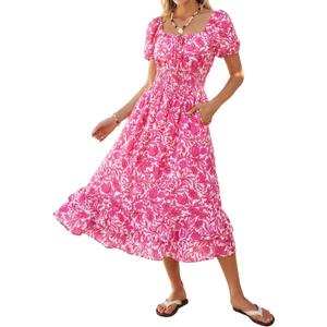 Kate Kasin Womens Summer Boho Floral Maxi Dress 2026 Square Neck Puff Sleeve Smocked Flowy A Line Beach Wedding Guest Dresses (XL)